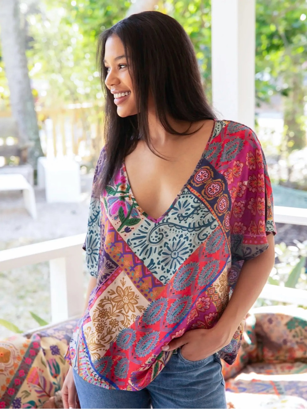 NATURAL LIFE Easy V-neck Top Boho Blooms Patchwork V-Neck Oversized Dolman